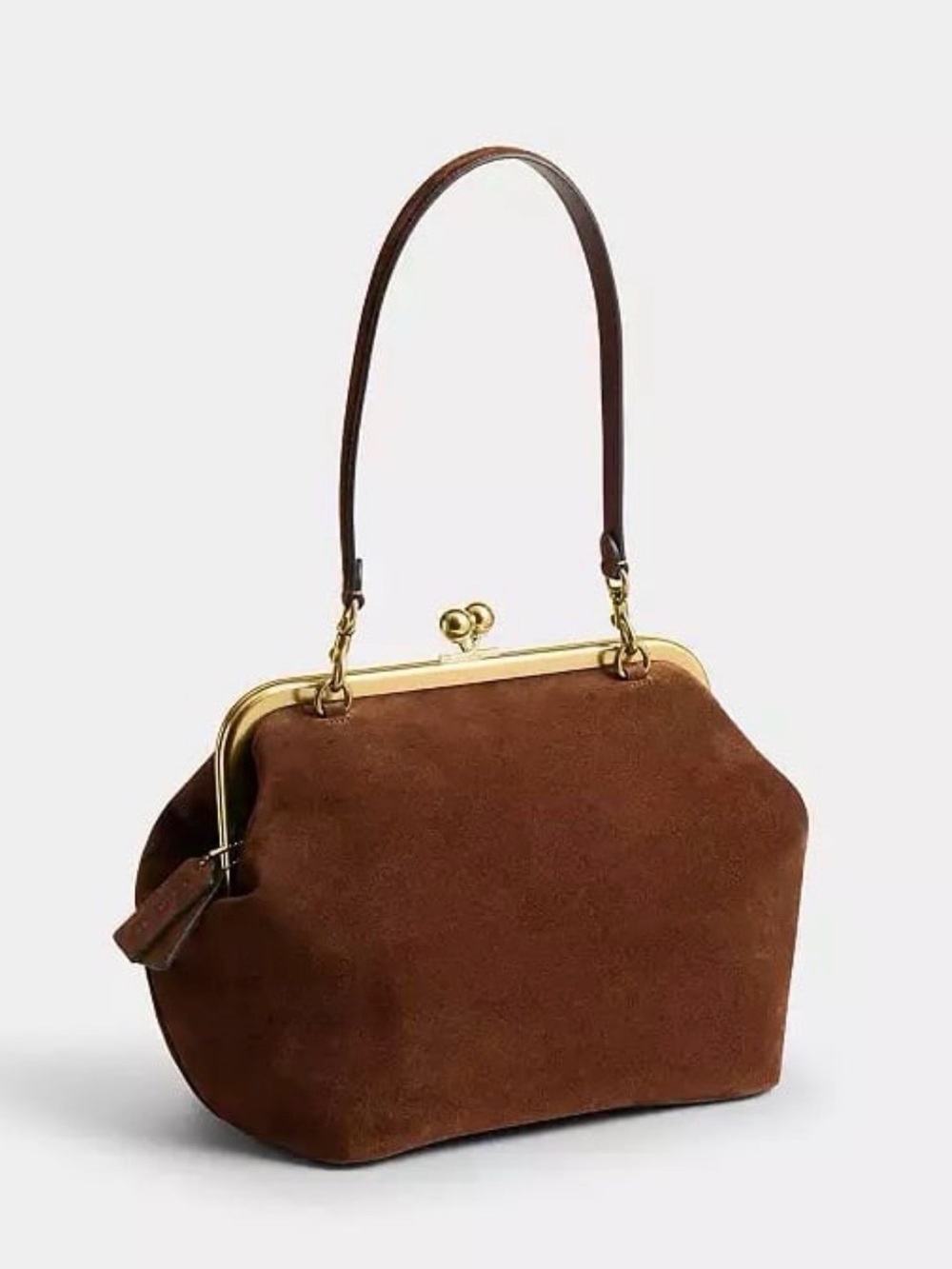 Coach Kisslock Frame Bag 27 in Brass/Warm Brown Suede & Refined Calf Leather NWT - Picture 2 of 14